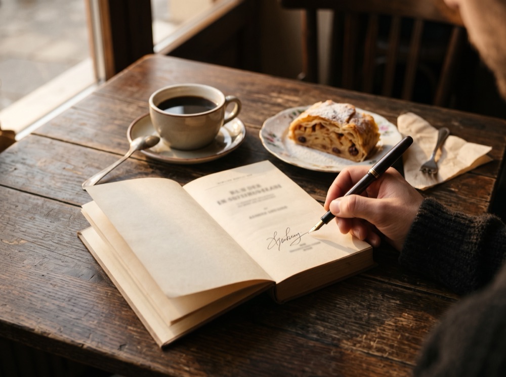 Livro aberto, caneta-tinteiro, café e strudel sobre a mesa